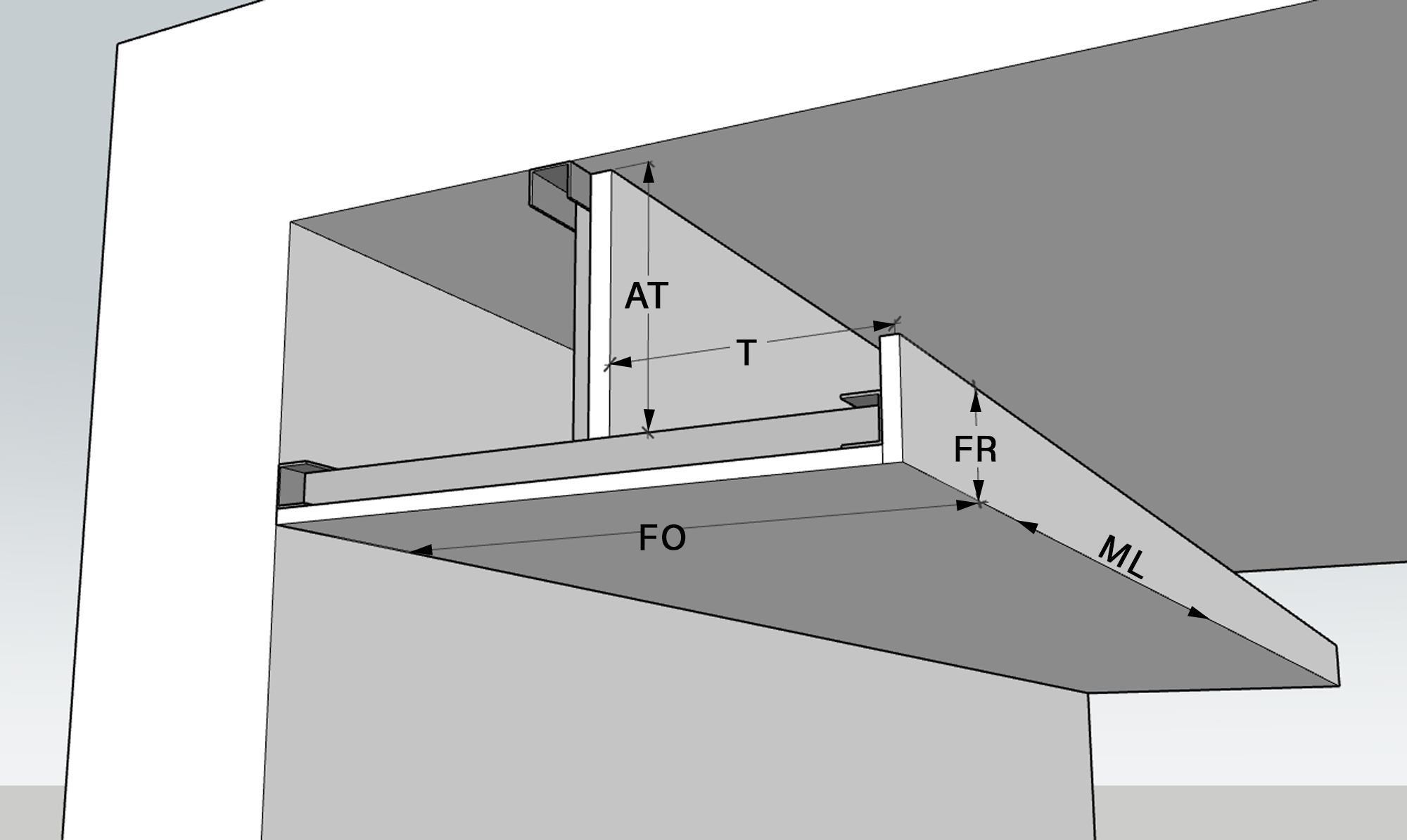 Leyenda gráfica de Fondo, Frente, Atrás, Tapa y metros lineales para Fascias